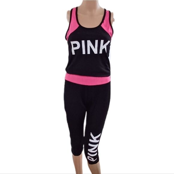 Pink and Black Racer Back Tank Capri Set with White Pink Graphic S/M - Picture 1 of 12